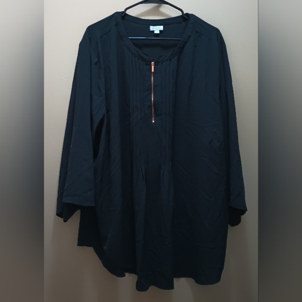 AVENUE BLACK PLEATED ZIP FRONT 3/4 SLEEVE FLOWING BLOUSE EUC SZ 30/32 4X